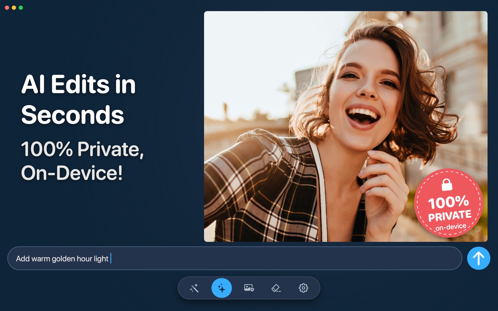Axiem AI Photo Editor on Mac — editing a portrait with the prompt 'Add warm golden hour light'